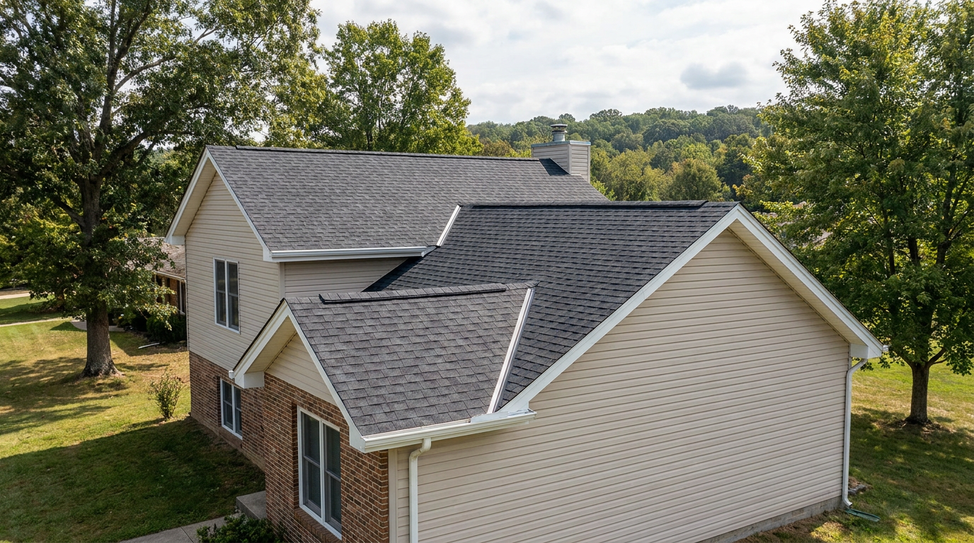 Two-story home with a dark architectural-shingle roof, light siding and mature trees in an Allamuchy Township-style wooded setting.