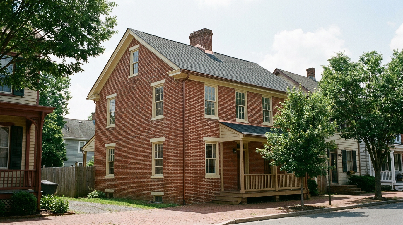 Traditional brick Bordentown-style home with a new dark charcoal architectural shingle roof, small porch and mature street trees.