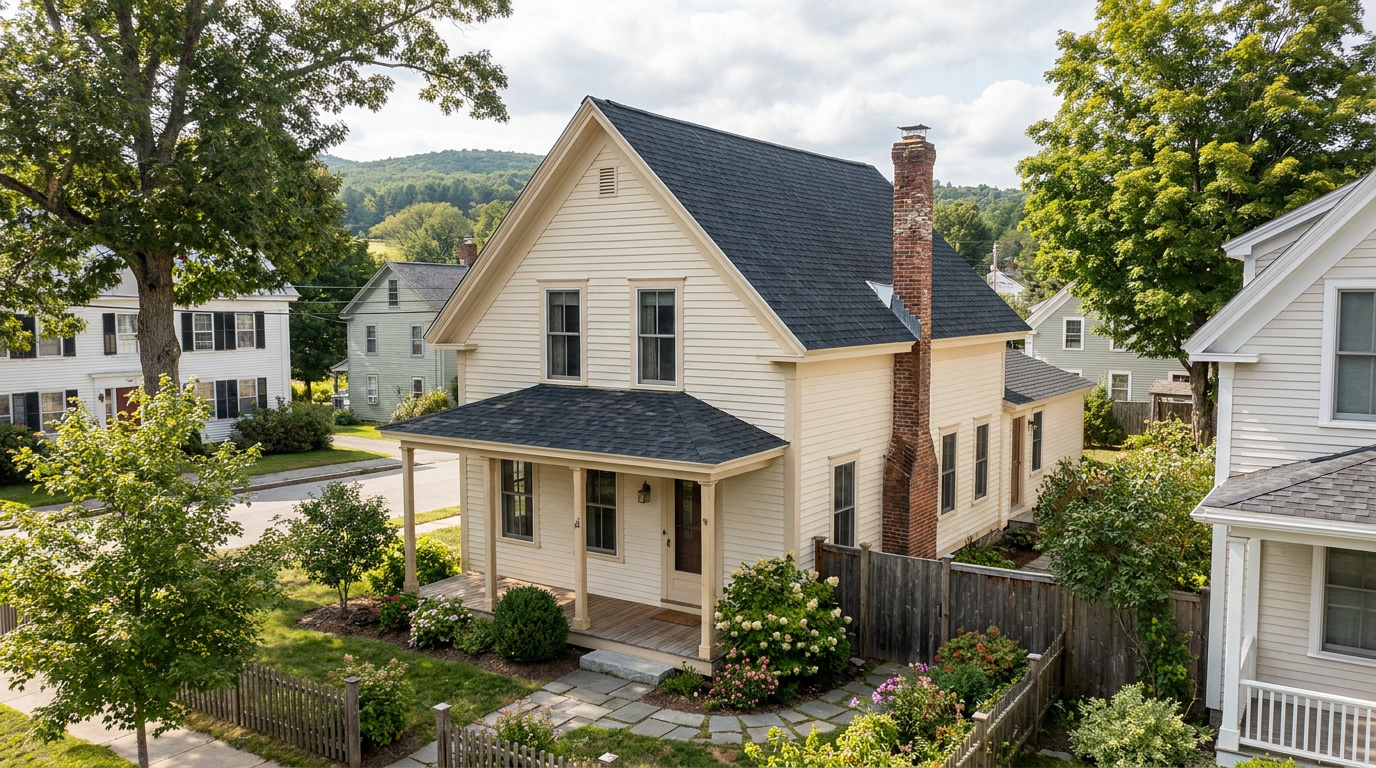 Califon-style clapboard home with a fresh dark architectural shingle roof, brick chimney, covered porch and mature trees.