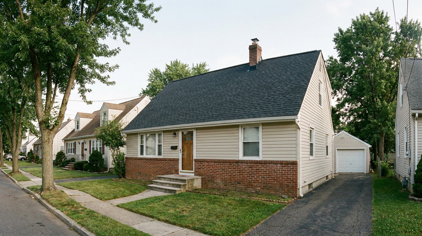 Carteret-style Cape Cod home with light siding, a brick chimney and a freshly installed dark charcoal architectural shingle roof.