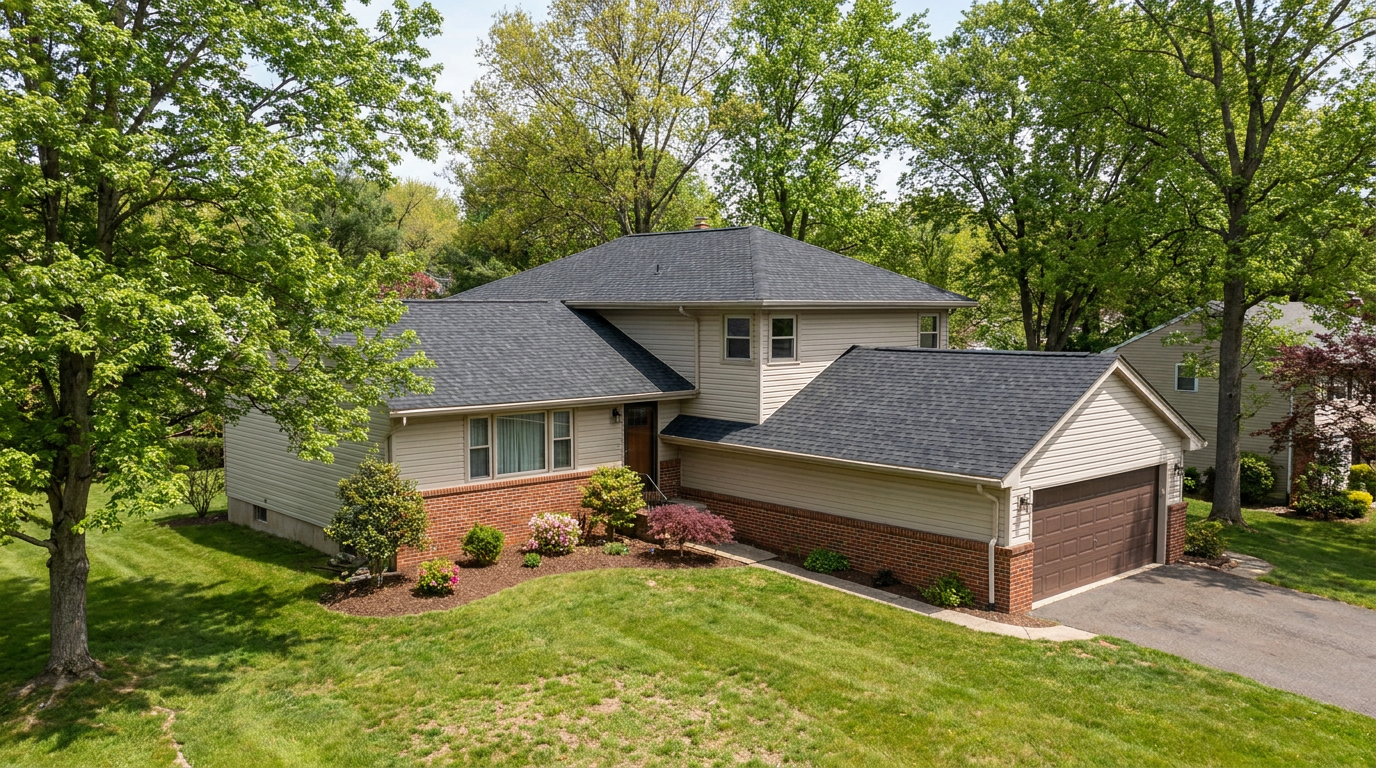 Cedar Grove-style split-level New Jersey home with a dark architectural shingle roof, brick lower facade and mature trees.