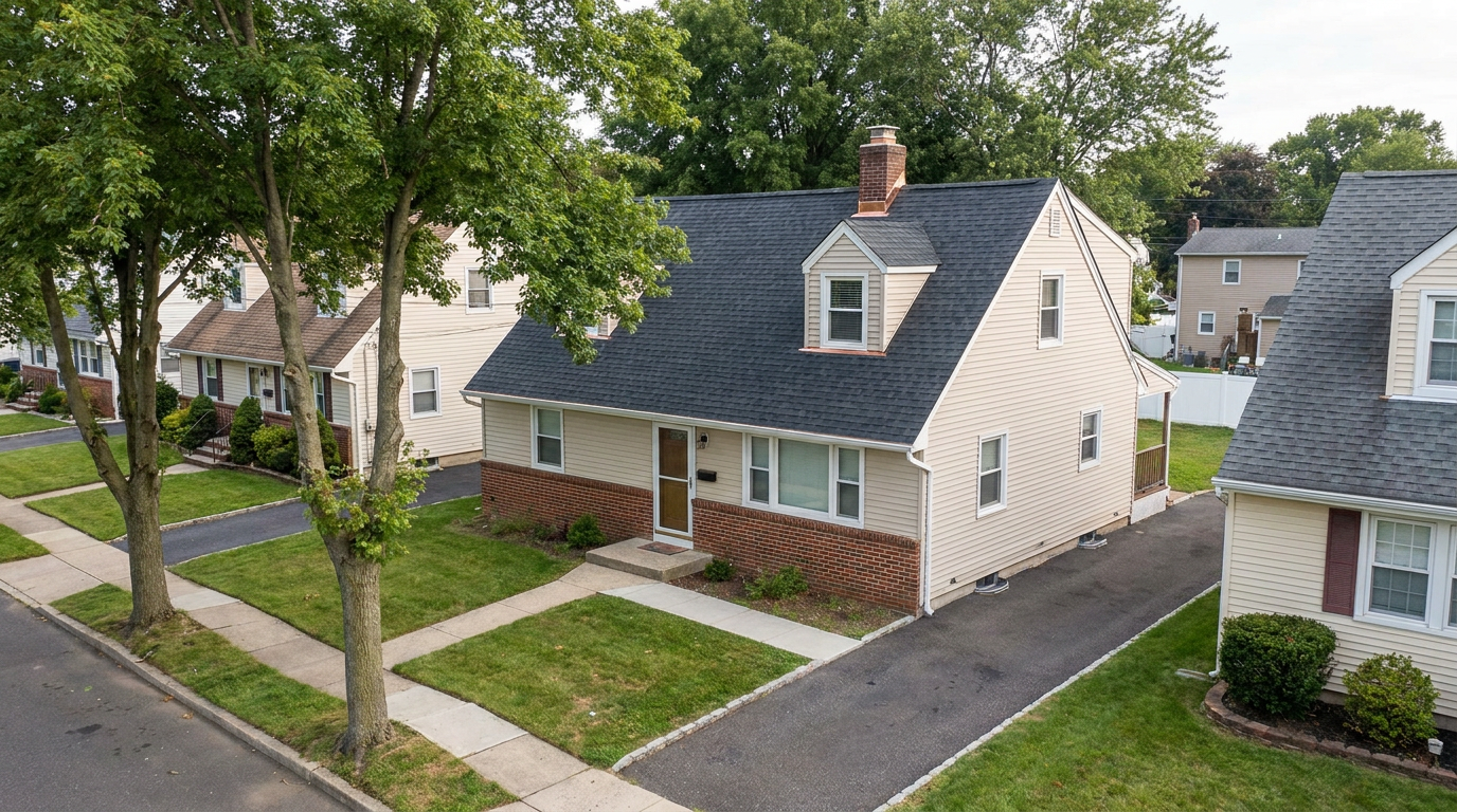 Cape Cod-style Clifton home with a dark architectural shingle roof, front dormer, brick accents and mature street trees.