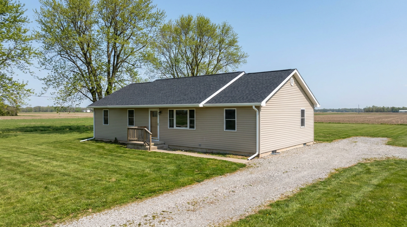 Ranch-style home in a rural Deerfield Township setting with a fresh dark architectural shingle roof, light siding, and a broad lawn.