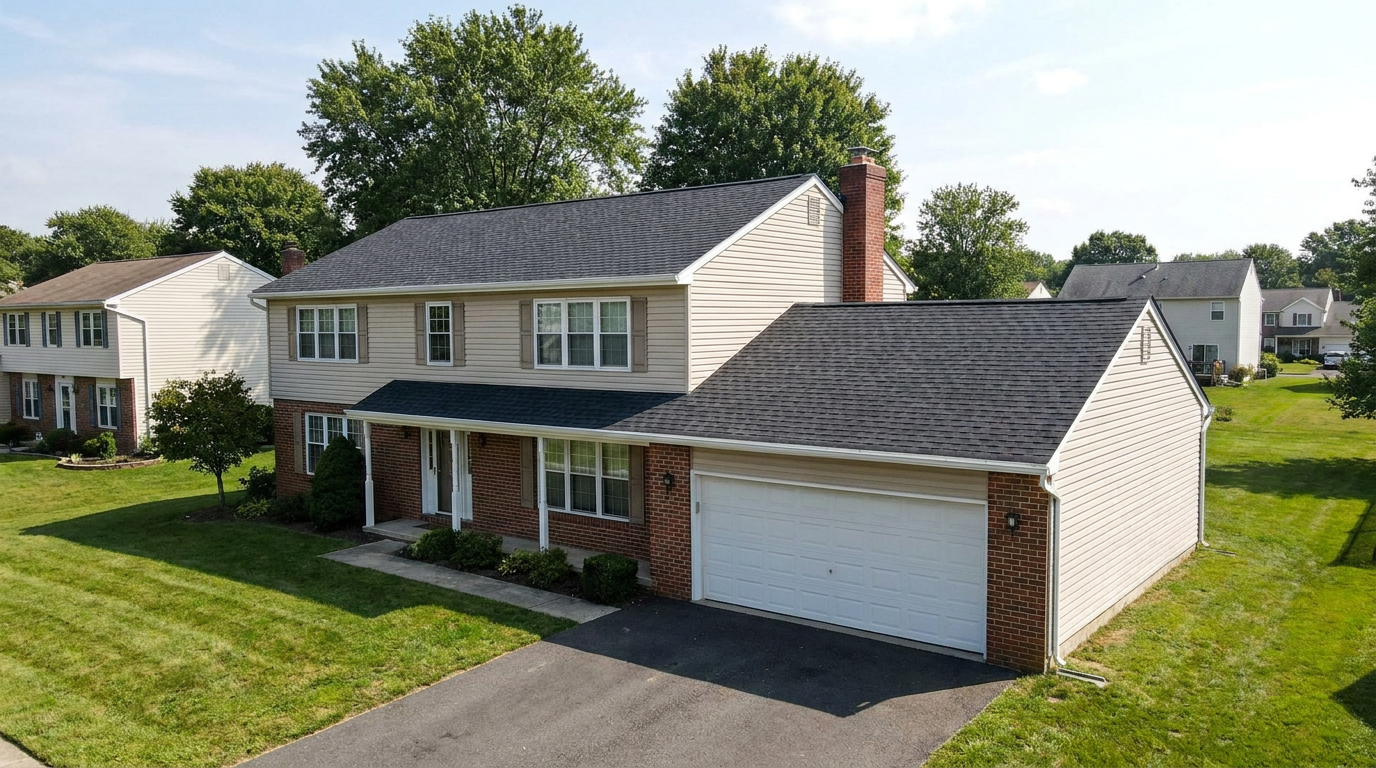 Colonial-style New Jersey home with a new dark architectural shingle roof, light siding, brick accents, and mature trees.