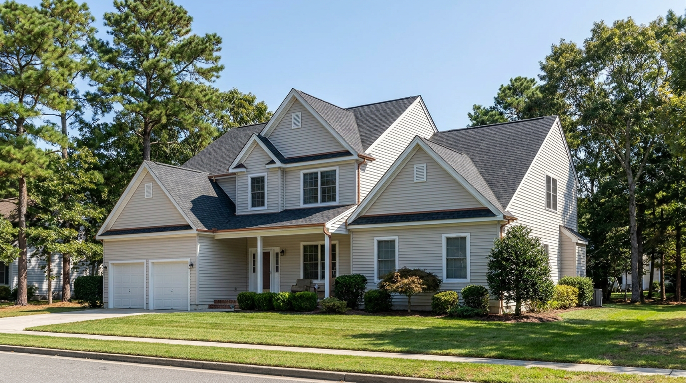 Two-story Galloway Township-style home with a fresh dark architectural shingle roof, attached garage, and surrounding pine and oak trees.