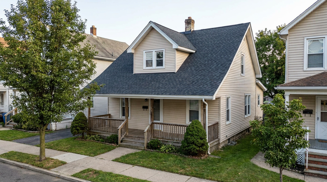 Garfield-style older home with light siding, a front porch, dormer and freshly installed dark architectural shingle roof.