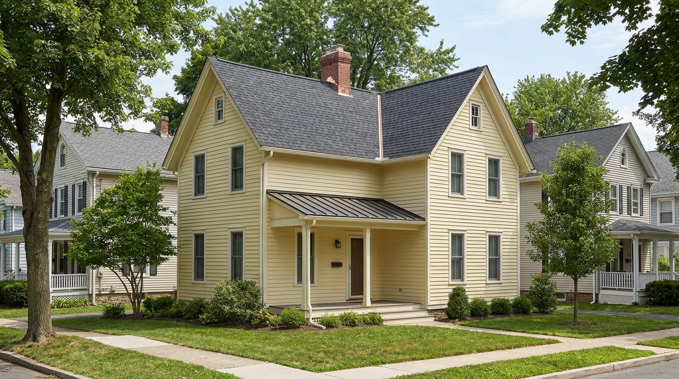 Traditional clapboard home on a leafy Hackettstown-style street with a new dark architectural shingle roof, brick chimney, and covered front porch.