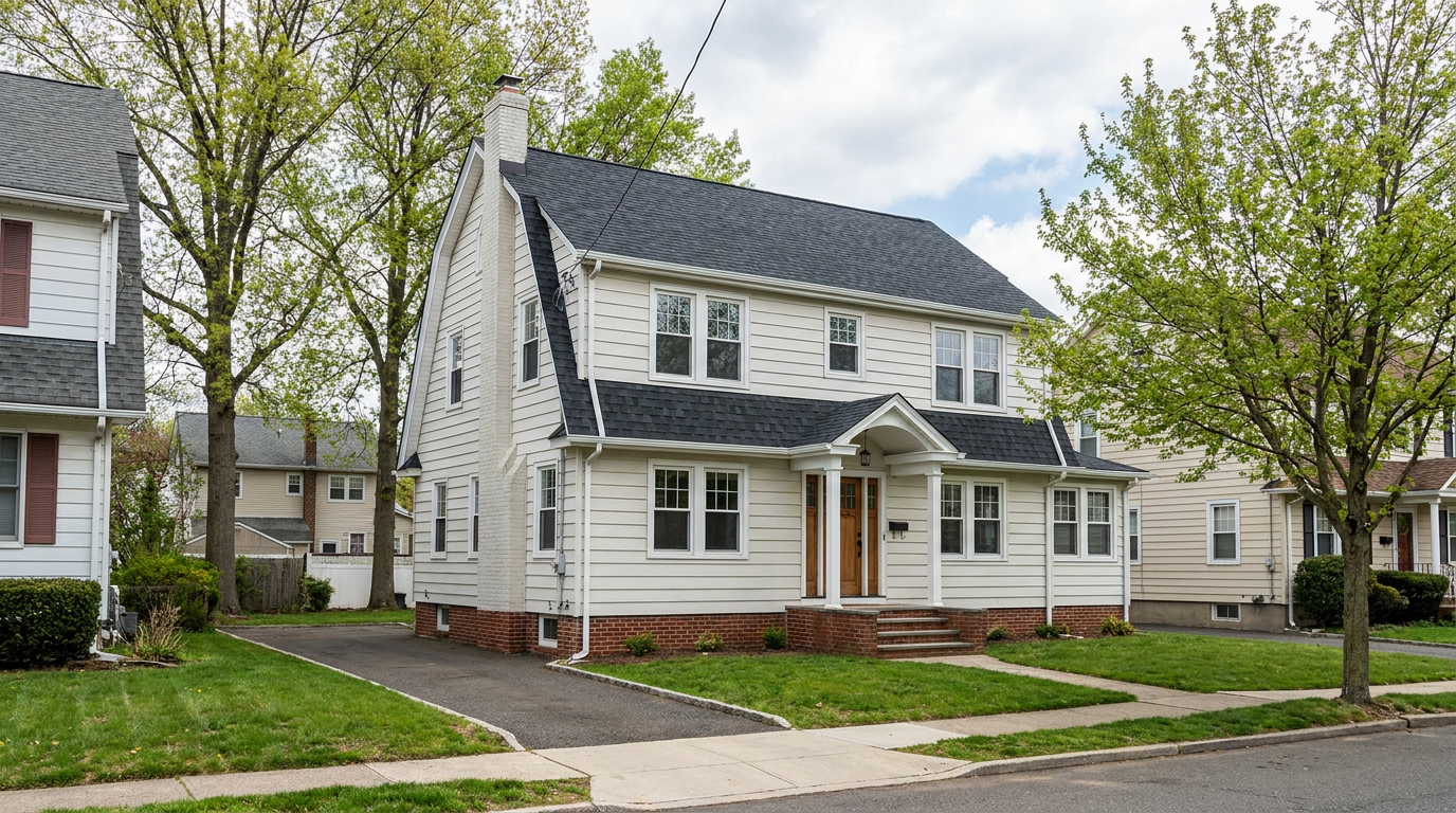 Colonial-style Hillside Township home with a new dark architectural shingle roof, brick chimney, small front porch and tree-lined sidewalk.