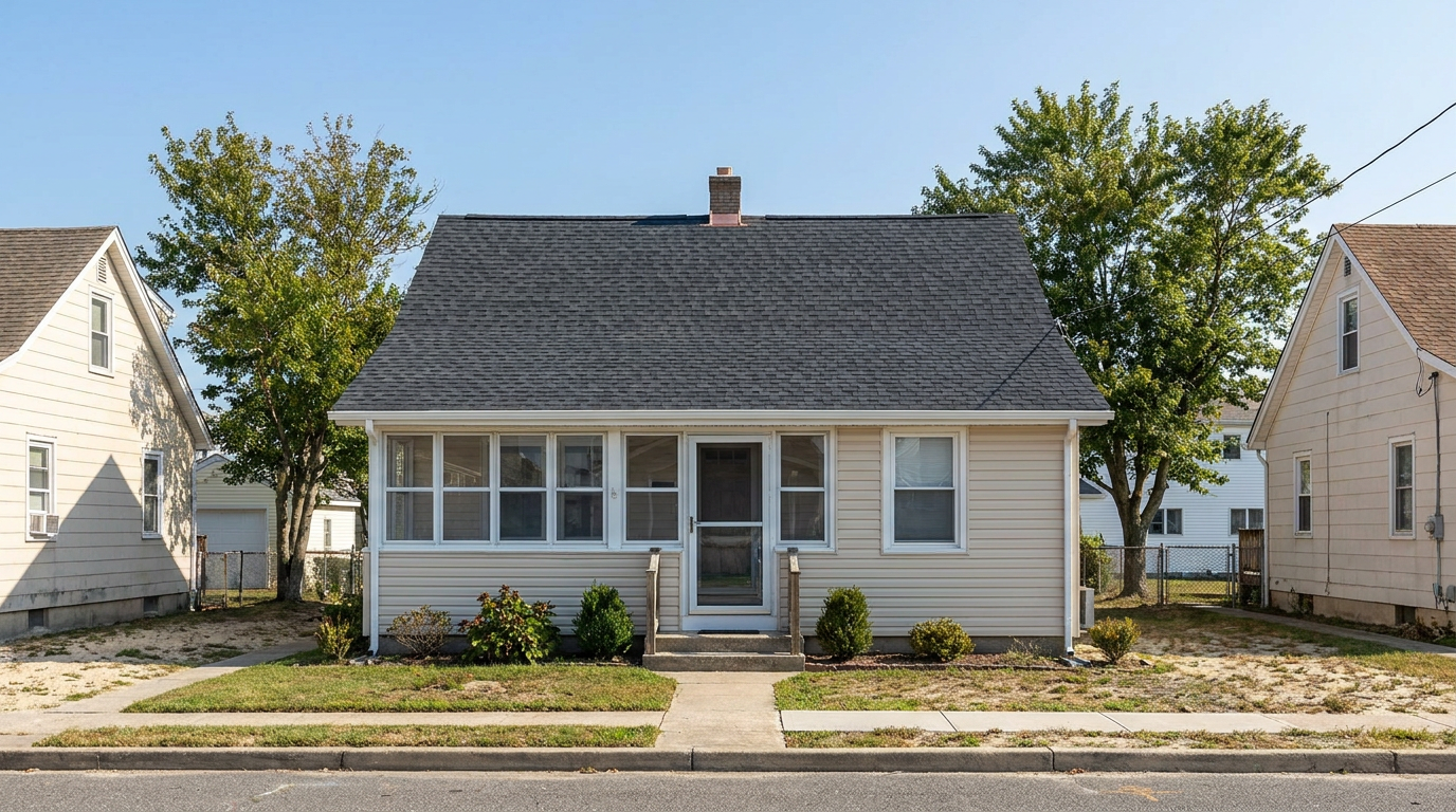 Keansburg-style bungalow with light siding, an enclosed front porch and a new dark charcoal architectural shingle roof.