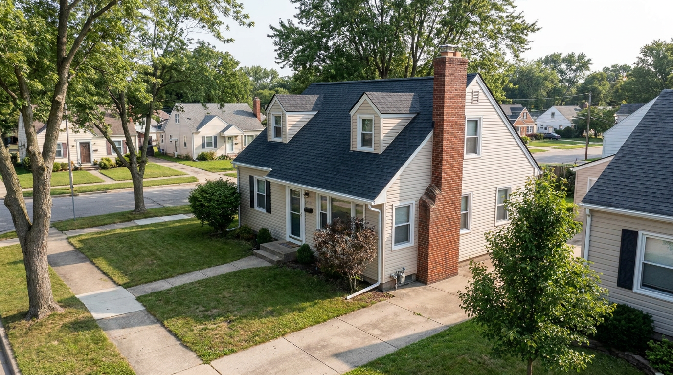 Cape Cod-style New Jersey home with dormers, a chimney and a freshly installed dark architectural shingle roof on a tree-lined residential street.