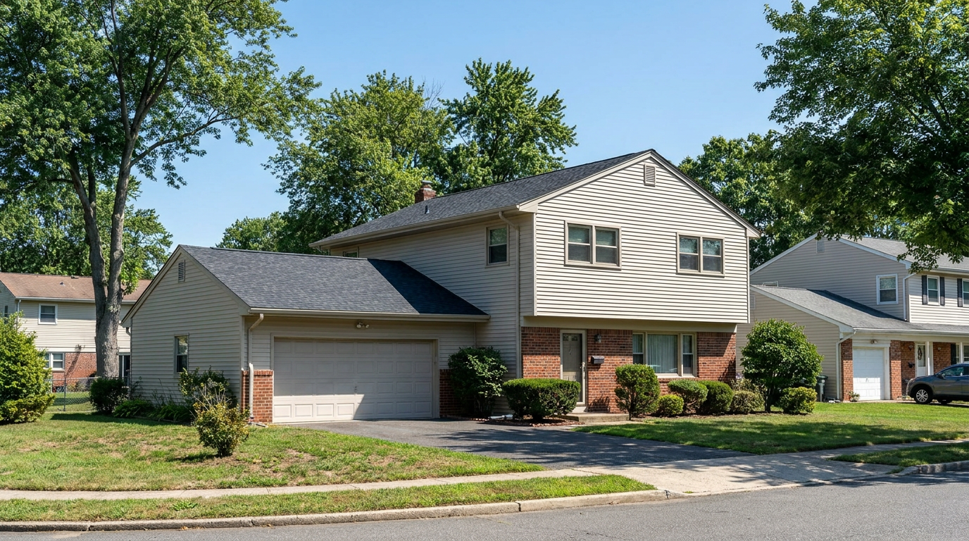 Split-level New Jersey home with a fresh dark charcoal architectural shingle roof, attached garage, brick accents and mature trees.