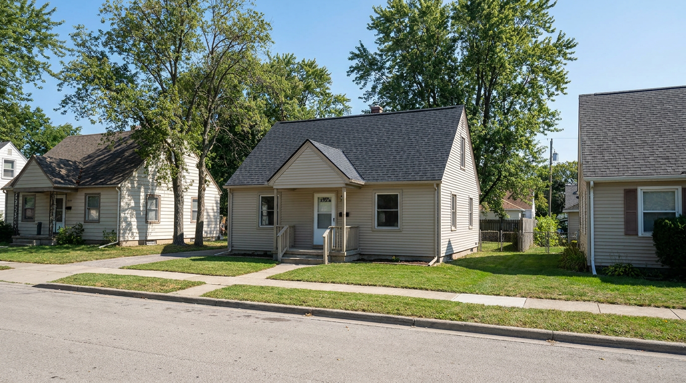 Modest detached New Jersey home with a front porch, light siding and a freshly installed dark architectural shingle roof.