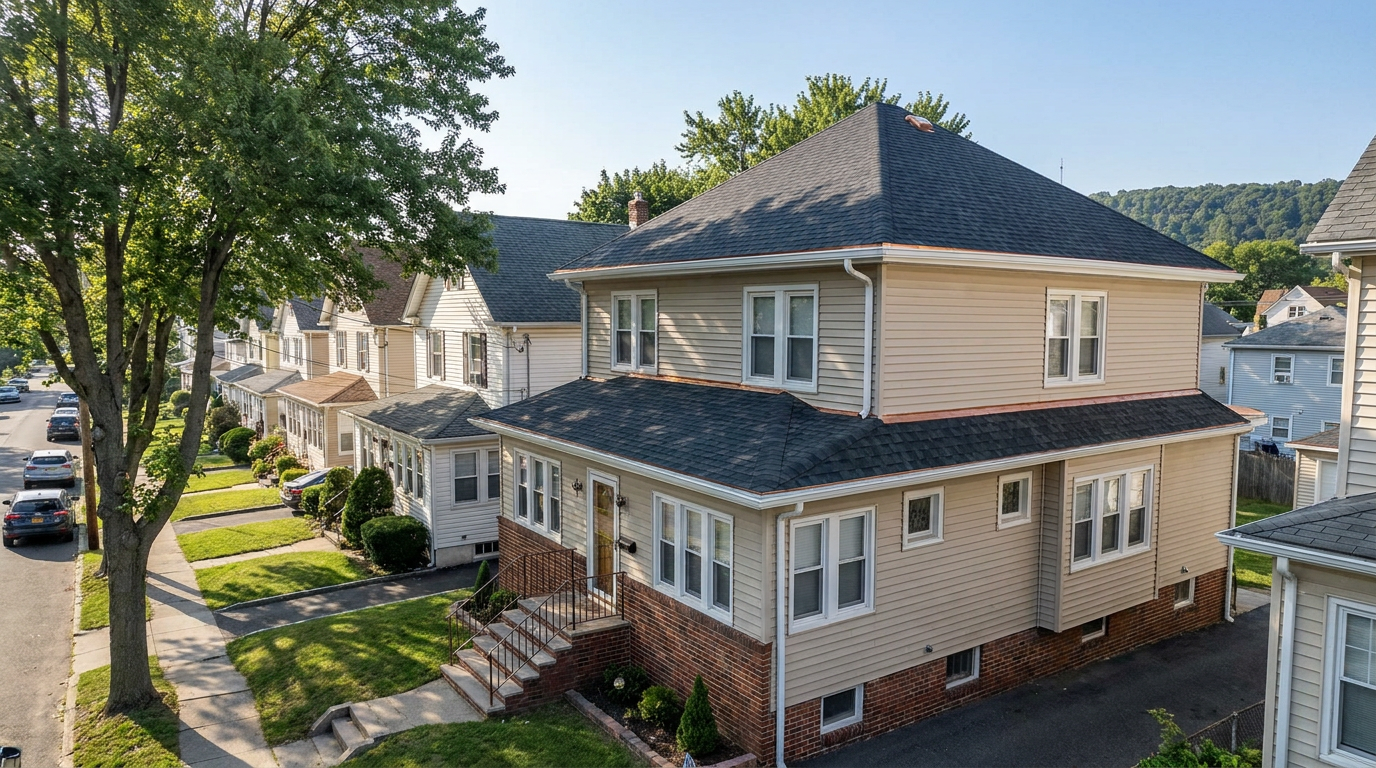 Two-story North Bergen Township-style home on a sloping residential street with a new dark architectural shingle roof and brick front steps.