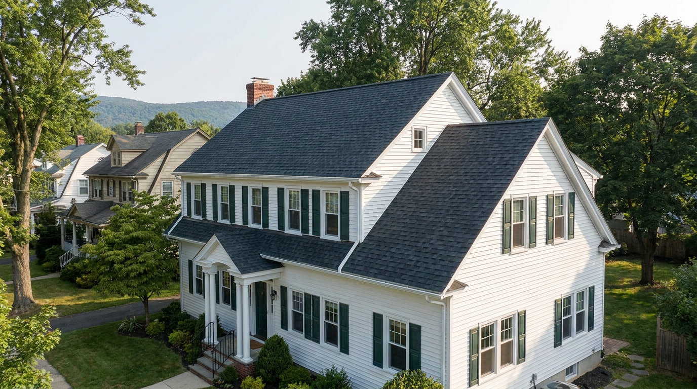 North Plainfield-style Colonial Revival home with a new dark architectural shingle roof, front porch, brick chimney, and mature trees.