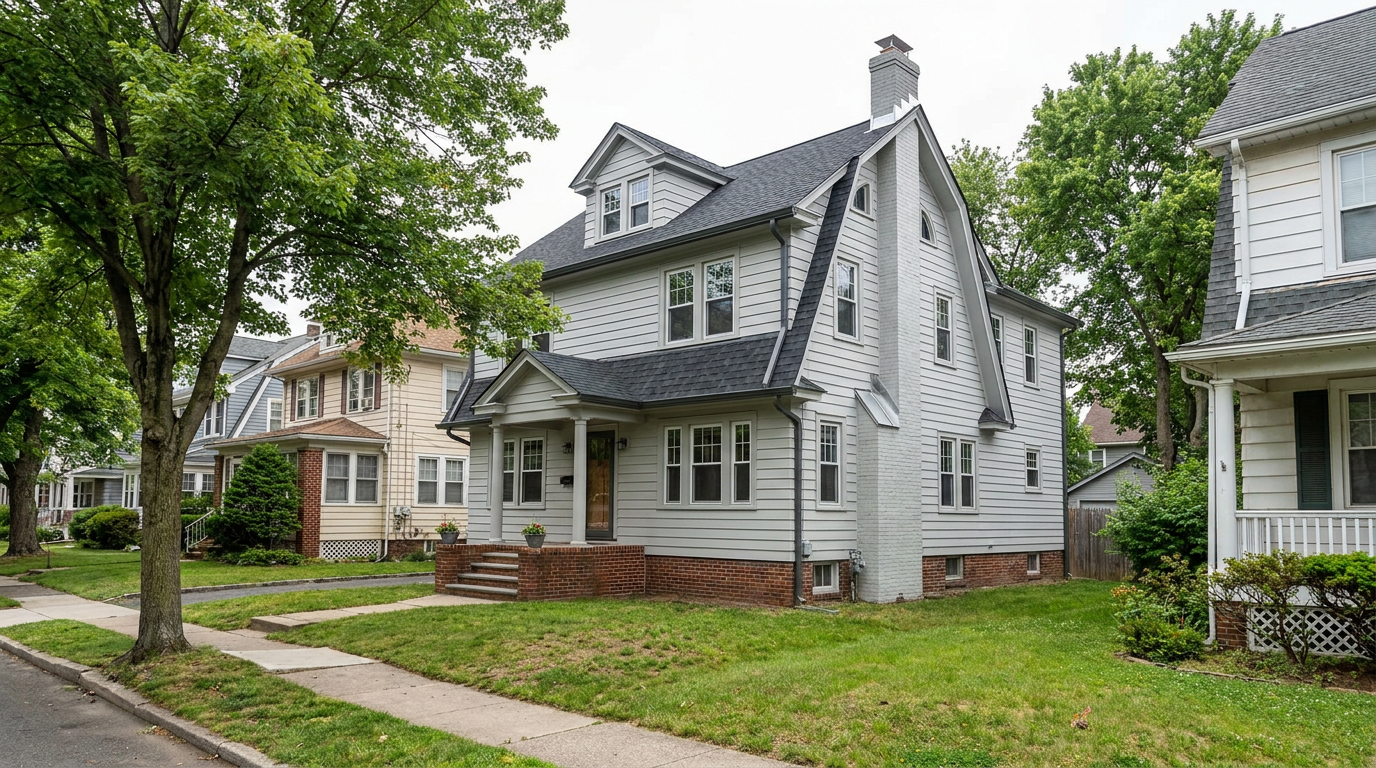 Colonial-style Nutley Township home with a new dark architectural shingle roof, front porch, dormer and brick chimney on a tree-lined street.