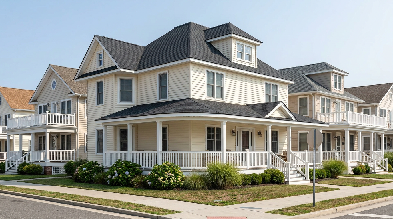 Ocean City-style clapboard home with a broad front porch, gabled roof and freshly installed dark charcoal architectural shingles.