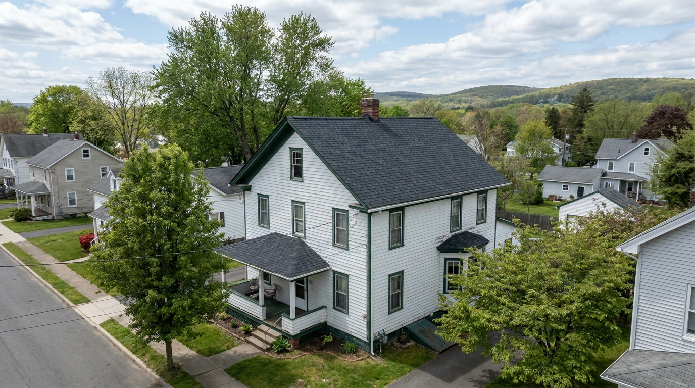 Older clapboard home with a new dark architectural shingle roof, front porch and mature trees in an Ogdensburg-style residential setting.