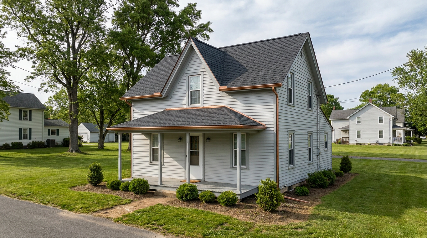 Traditional two-story village home with a new dark architectural shingle roof, front porch, and mature trees in an Oldmans Township-style setting.