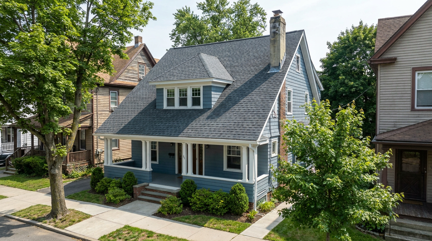 Older two-family home with a front porch, dormer and new dark architectural shingle roof on a residential street in Passaic.