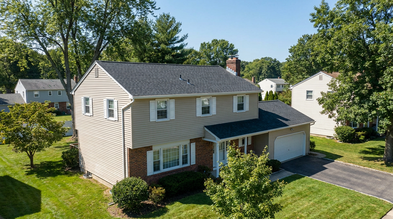 Colonial-style home with light siding, brick accents and a new dark architectural shingle roof on a tree-lined Pequannock Township street.