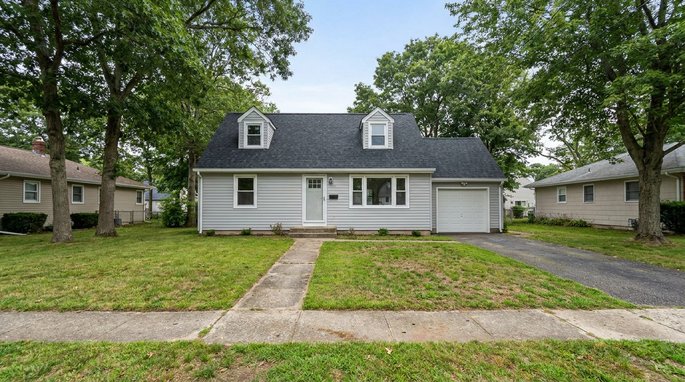 Point Pleasant-style Cape Cod home with gray siding, two dormers and a freshly installed dark architectural shingle roof.