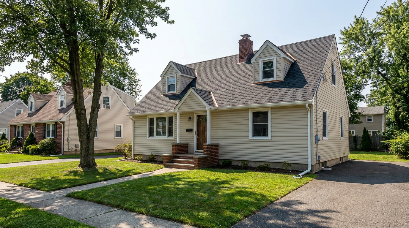 Cape Cod-style New Jersey home with two dormers, a brick chimney and a new dark charcoal architectural shingle roof.
