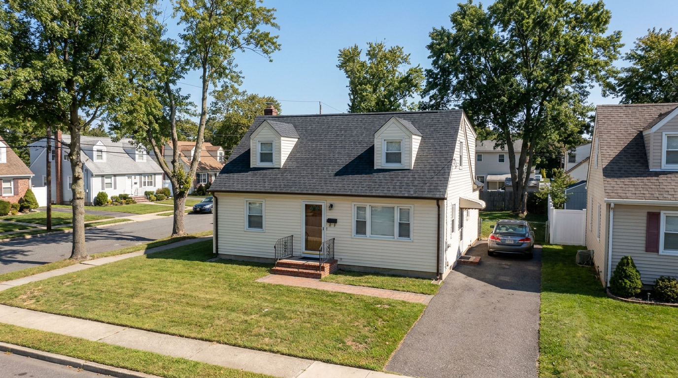Cape-style Secaucus home with two dormers, light siding and a freshly installed dark charcoal architectural shingle roof.