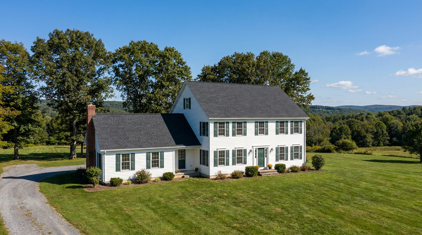Colonial-style home with a new dark architectural shingle roof, brick chimney and mature trees in a rural Tewksbury Township-style setting.