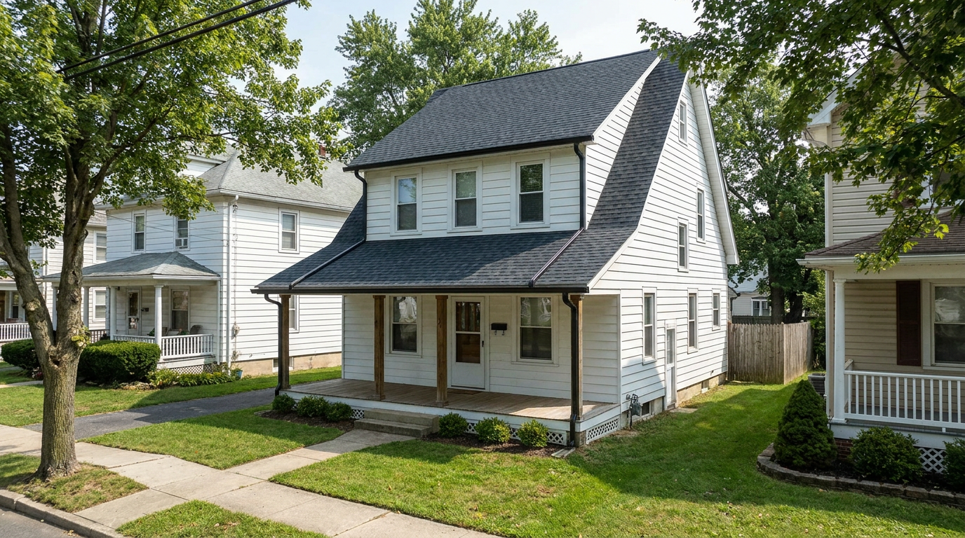 Older two-story home with a front porch, dark architectural shingle roof and mature street trees, representative of Westville, New Jersey.