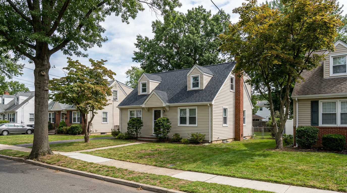 Cape Cod-style home with two dormers, a brick chimney and a new dark architectural shingle roof on a tree-lined suburban street.